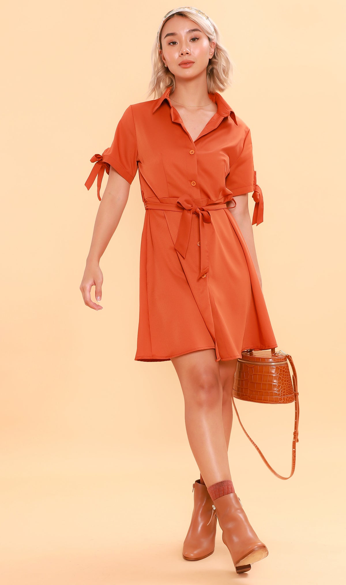PEYTON Belted Button-Down Dress (Carrot)