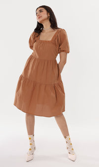 SOLANGE Linen Puff-Sleeve Dress (Cinnamon)