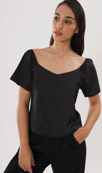 ELIANA Buttoned Flutter-Sleeve Top (Black)
