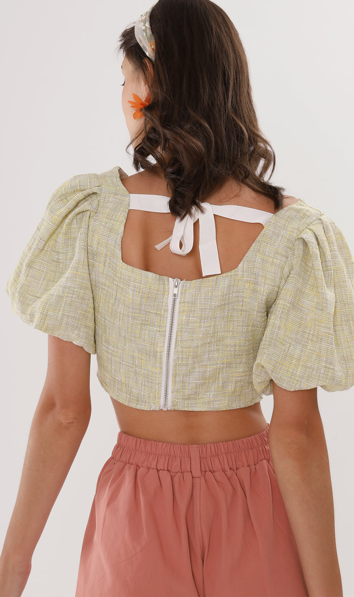 SASHA Tweed Puff-Sleeve Crop Top (Yellow)