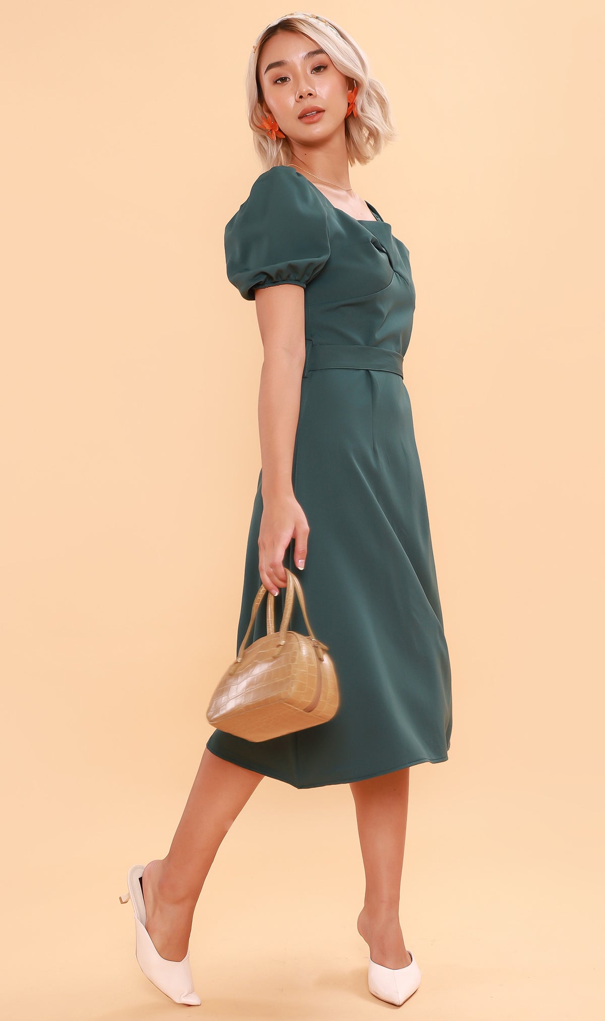 DAPH Puff-Sleeve Midi Dress (Emerald)