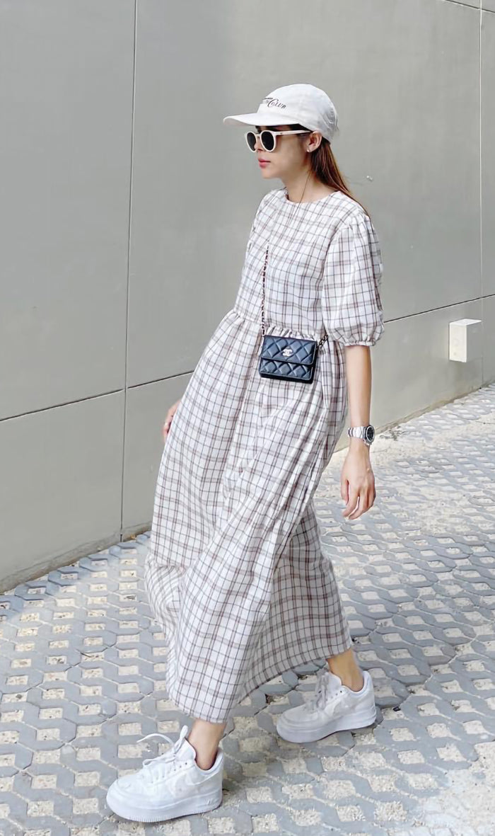 HAISLEY Puff-Sleeve Plaid Maxi Dress (Off White)
