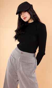 ROUX Mock-Neck Long-Sleeve Knit Top (Black)