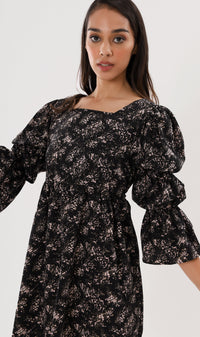 VALERIE Tiered-Sleeve Floral Dress (Black)