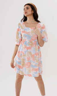 EFFIE Pastel Puff-Sleeve Dress (Peach)