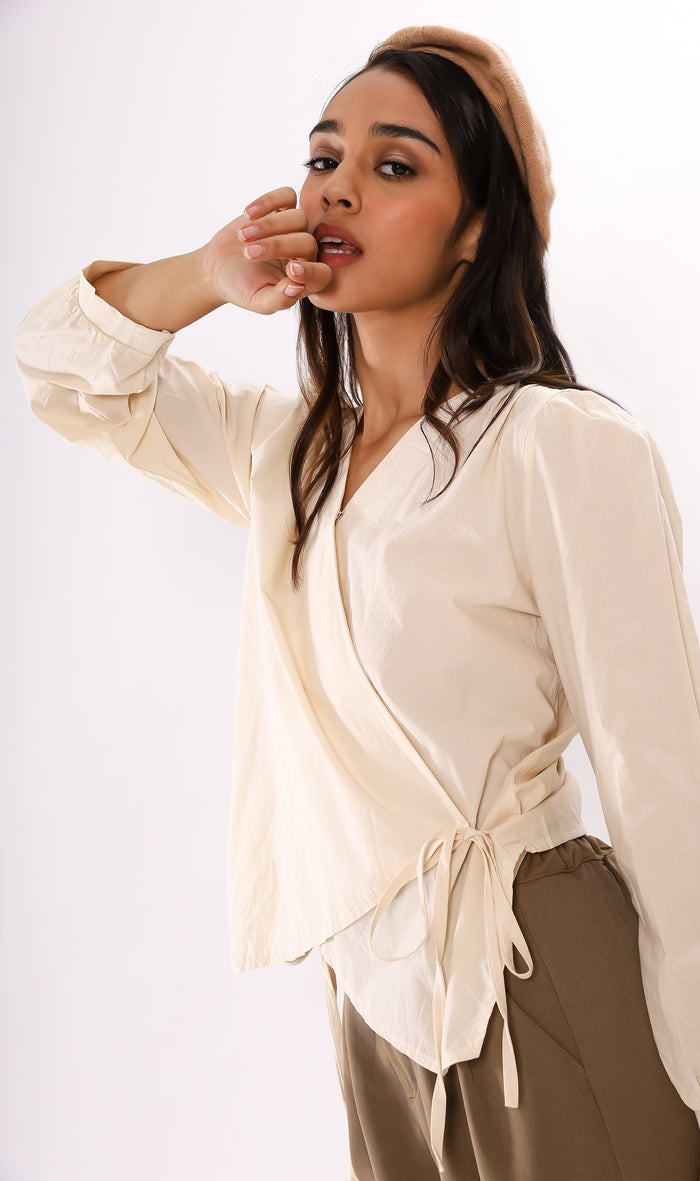 DESI Wrap-Front Long-Sleeve Top (Cream)