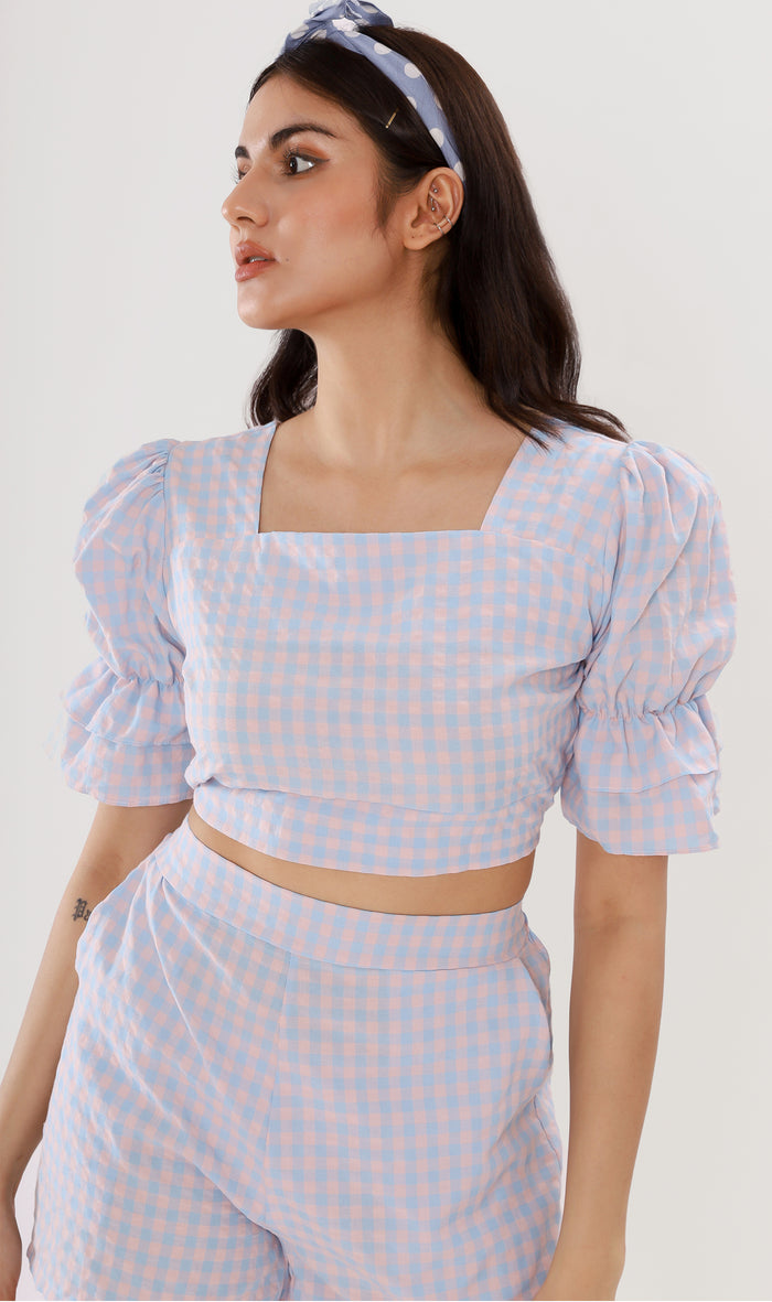 ZENNI Cropped Plaid Co-ord (Pastel Blue)