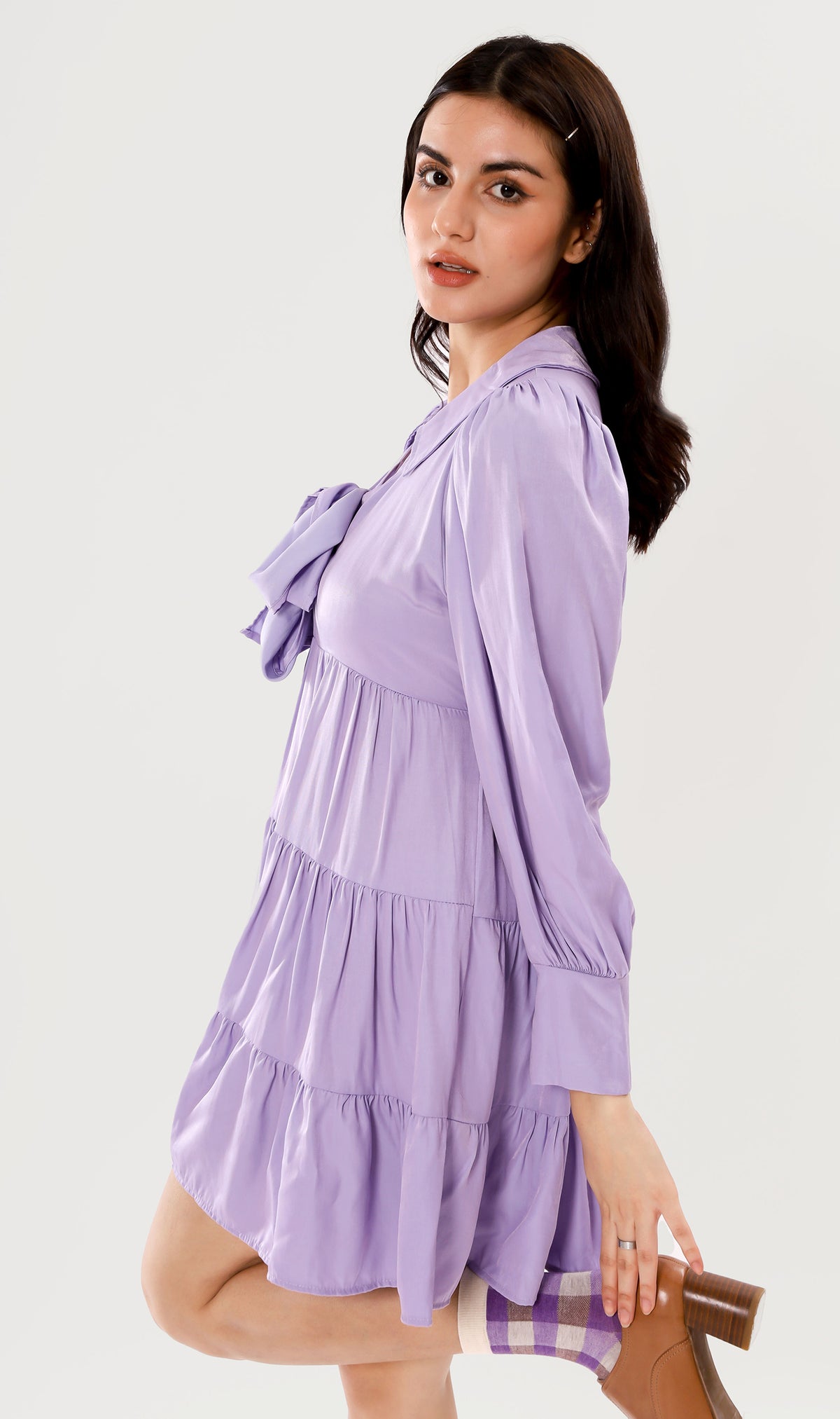ARMELLE Ribboned Long-Sleeve Tiered Dress (Lilac)