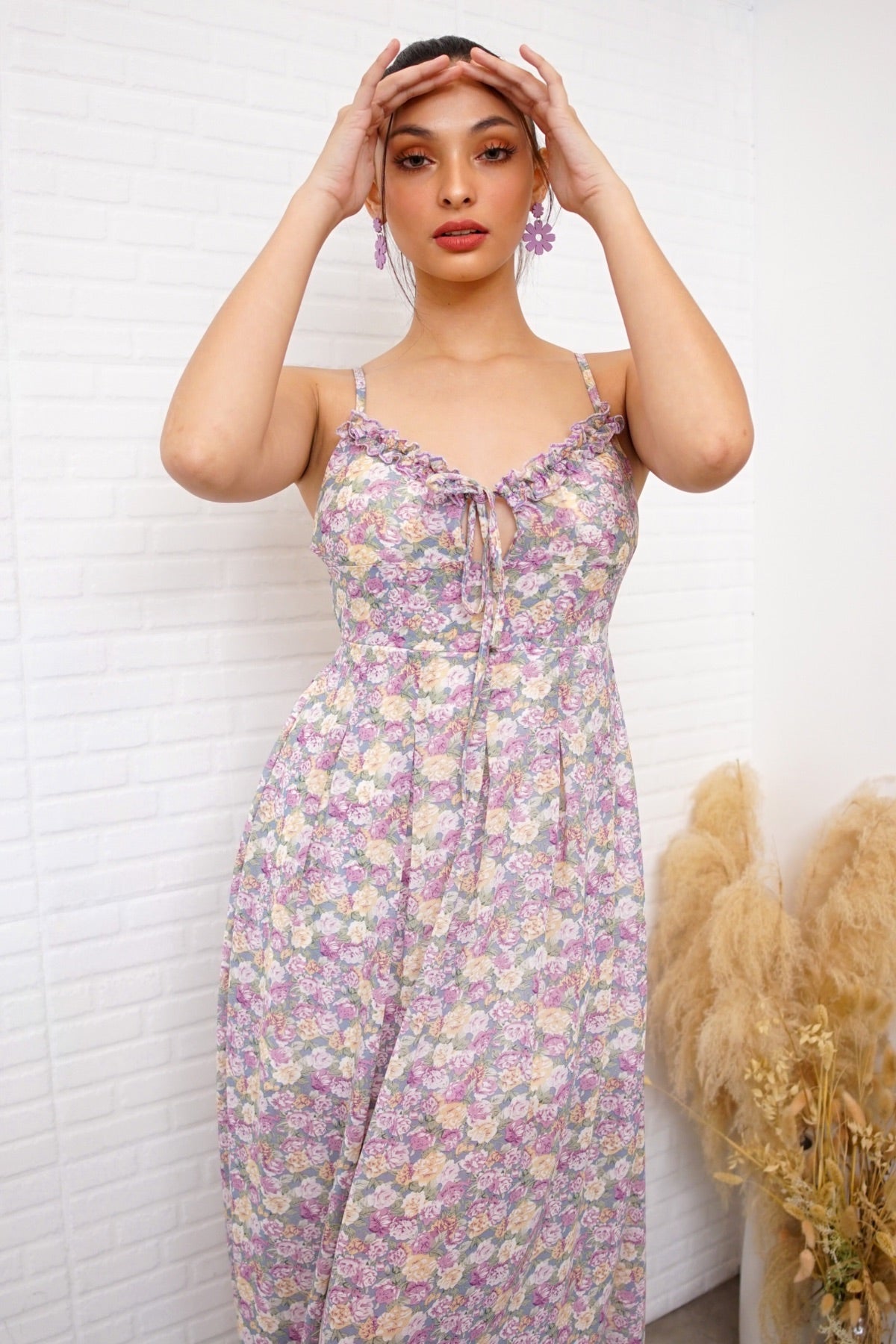 GISELLE Ruffled-Bustier Floral Midi Dress in Lavender