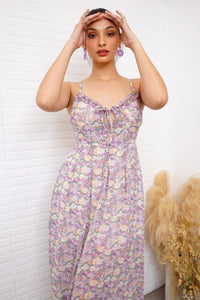 GISELLE Ruffled-Bustier Floral Midi Dress in Lavender