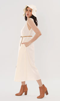 MAZIE Low-back Linen Midi Dress w/ Hat (Cream)