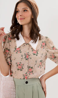 FARRAH Vintage-Collar Chiffon Button-Down (Nude)