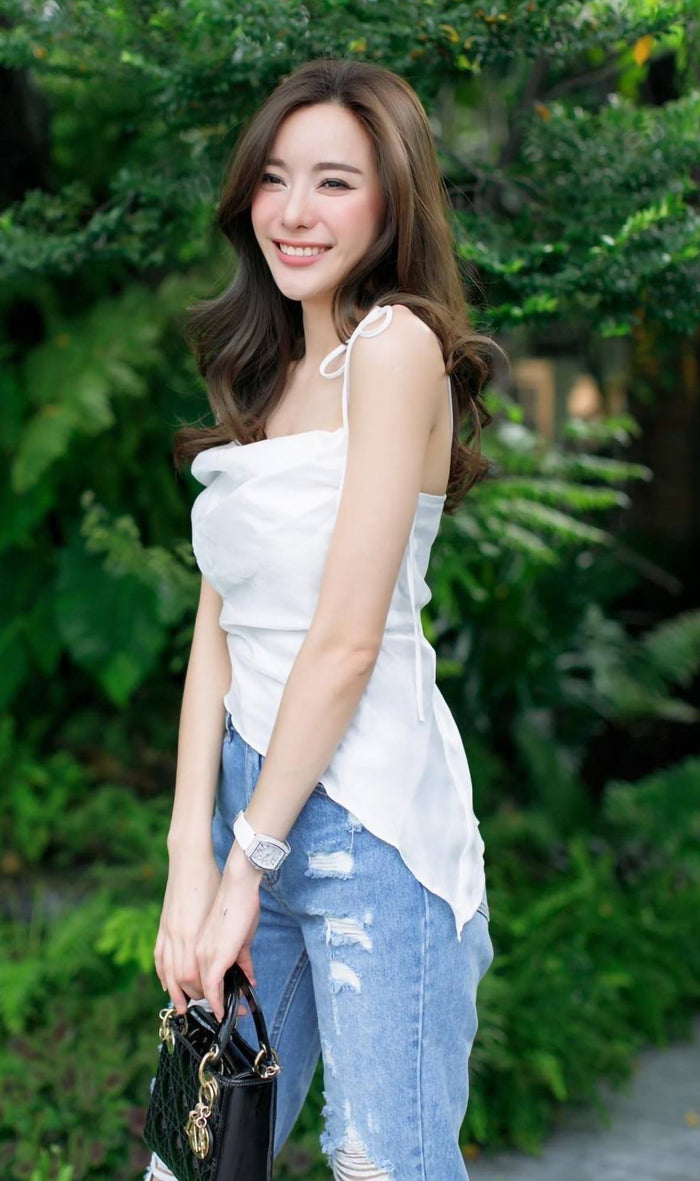 NADINE Ruched Tie-Strap Top (Pearl White)