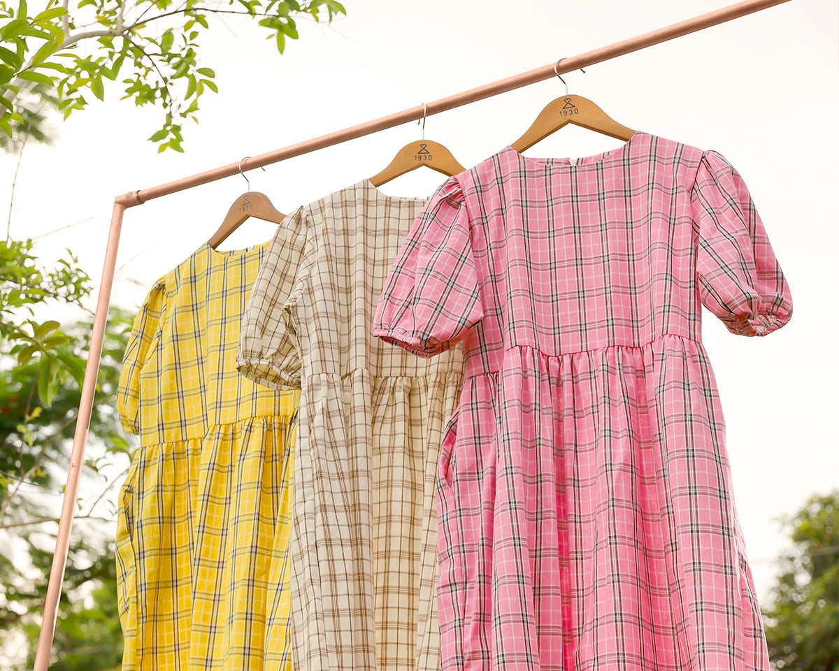 HAISLEY Puff-Sleeve Plaid Maxi Dress (Off White)