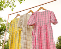 HAISLEY Puff-Sleeve Plaid Maxi Dress (Off White)