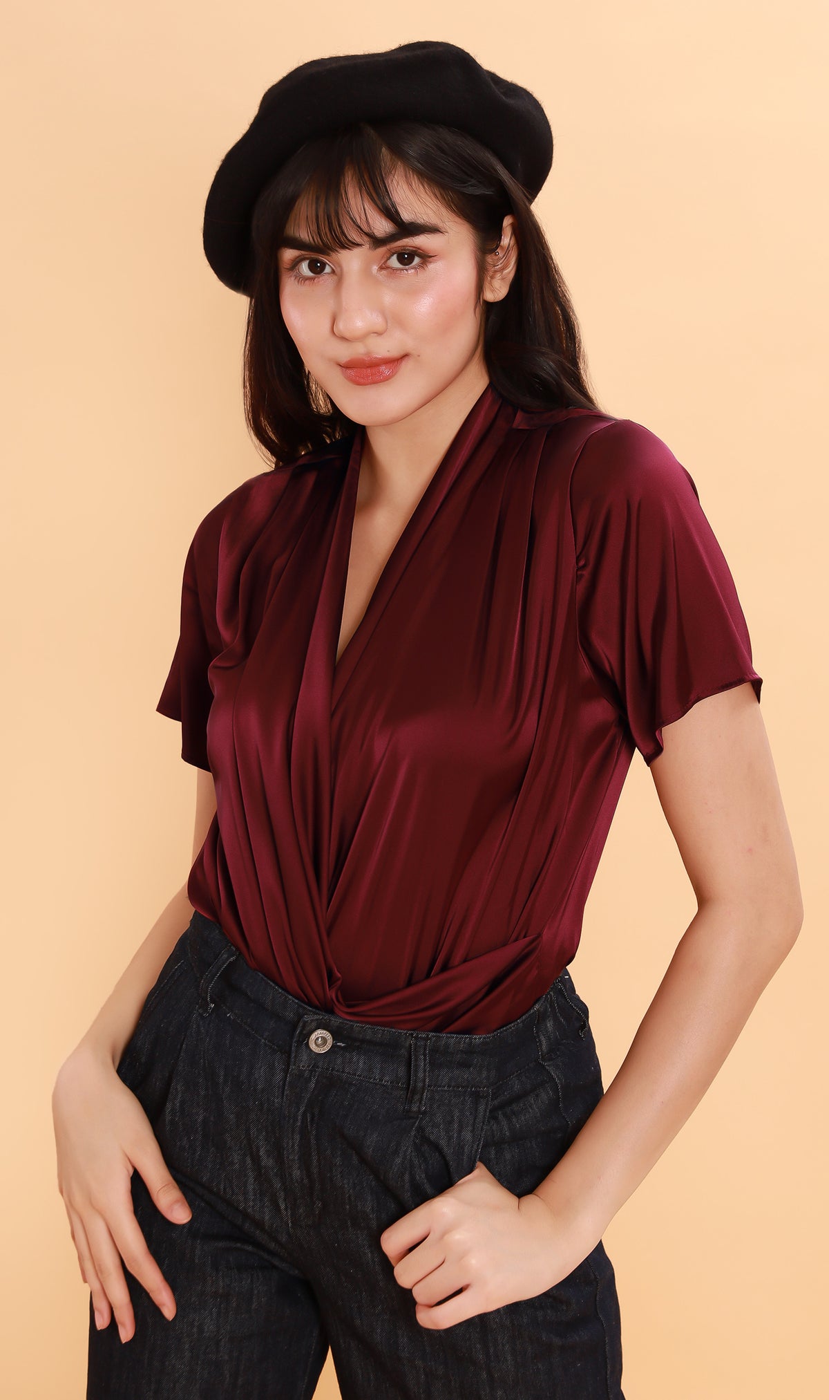 ROSALIE Satin Surplice Top (Wine)