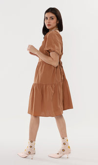 SOLANGE Linen Puff-Sleeve Dress (Cinnamon)
