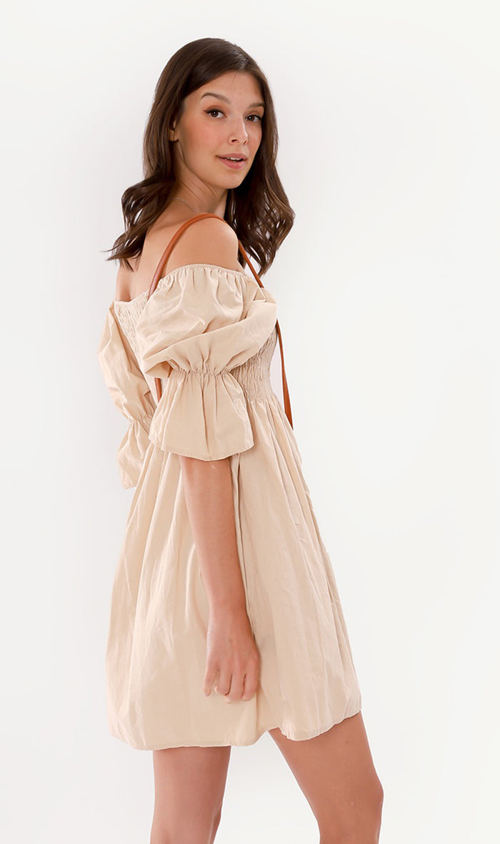 REYA Smocked Puff-Sleeve Linen Dress (Nude)