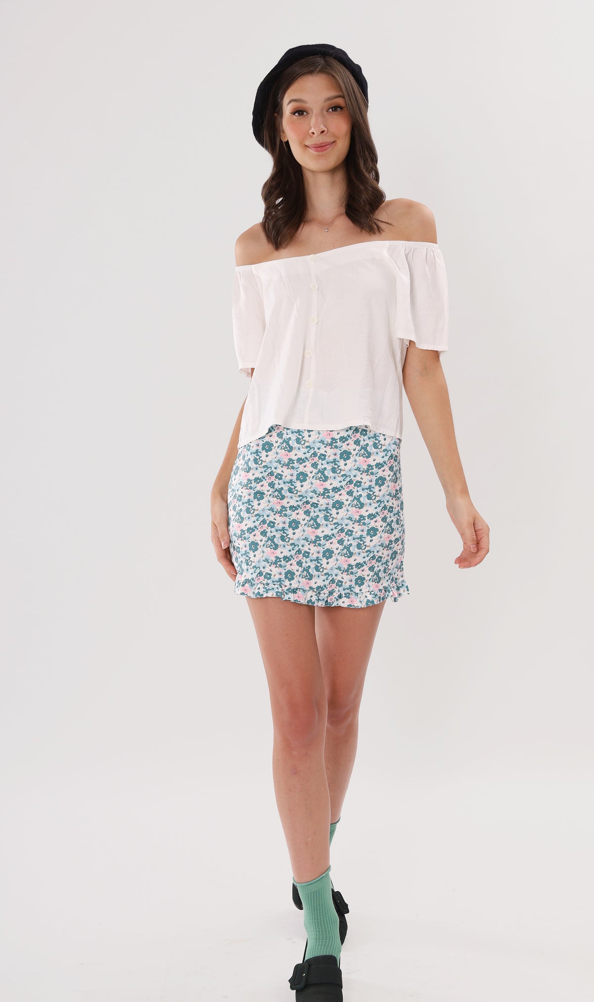 ELIANA Buttoned Flutter-Sleeve Top (White)