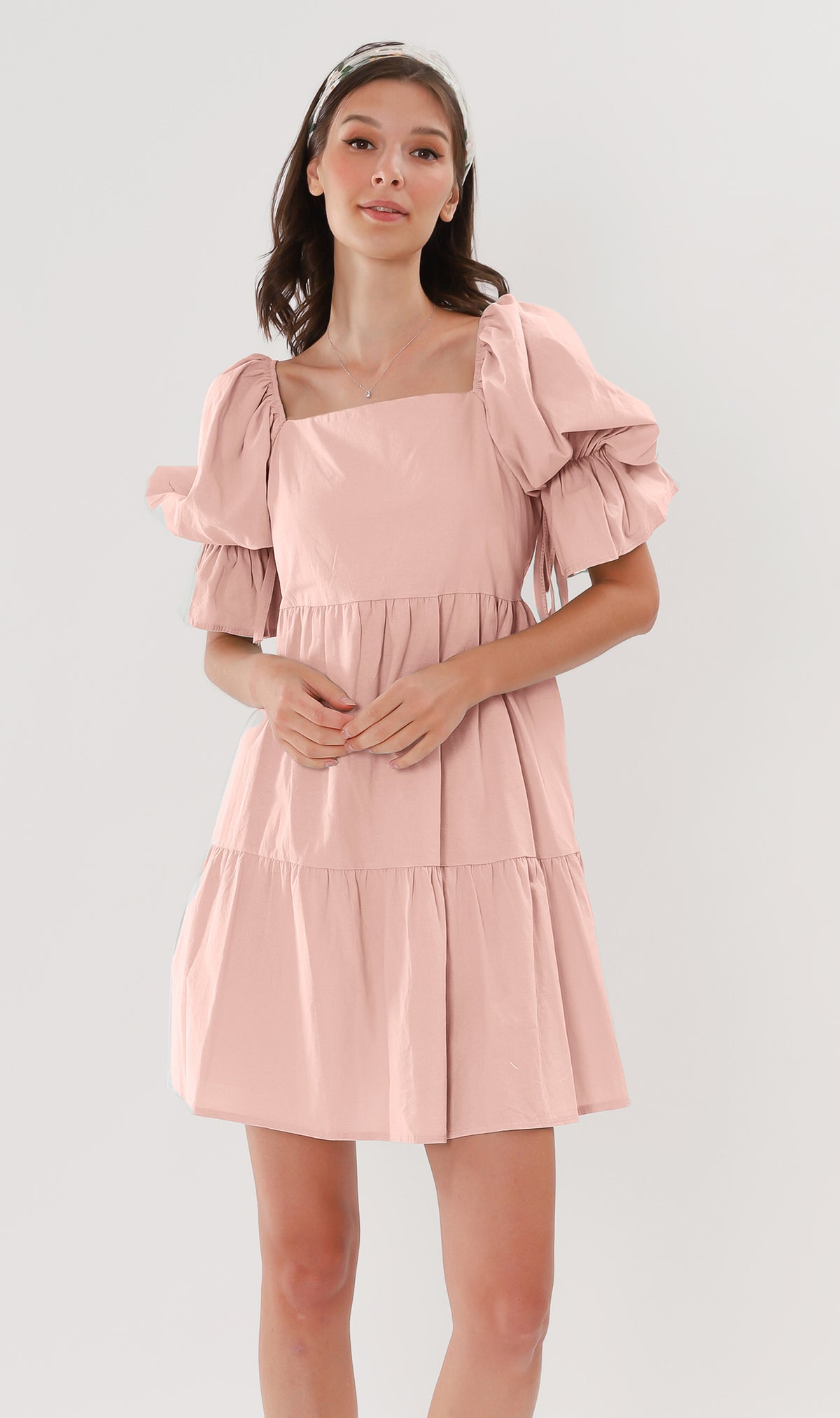 MADILYN Tiered Tie Puff-Sleeve Dress (Blush)