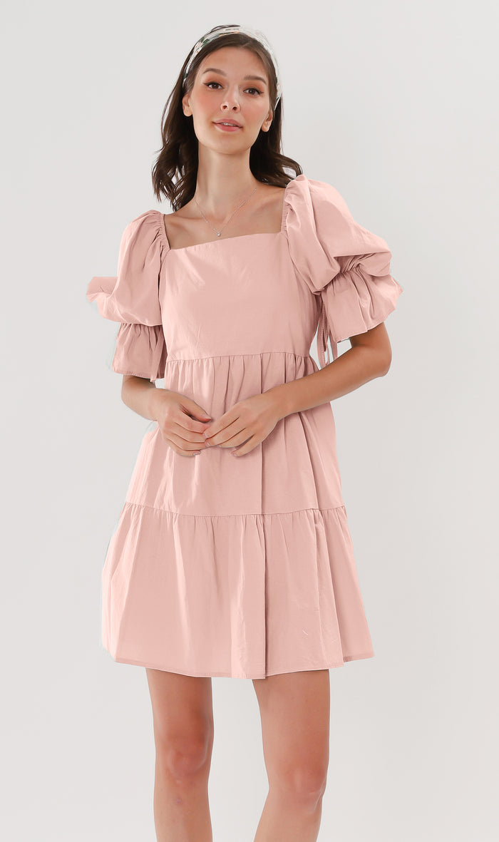 MADILYN Tiered Tie Puff-Sleeve Dress (Blush)