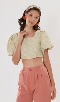 SASHA Tweed Puff-Sleeve Crop Top (Yellow)
