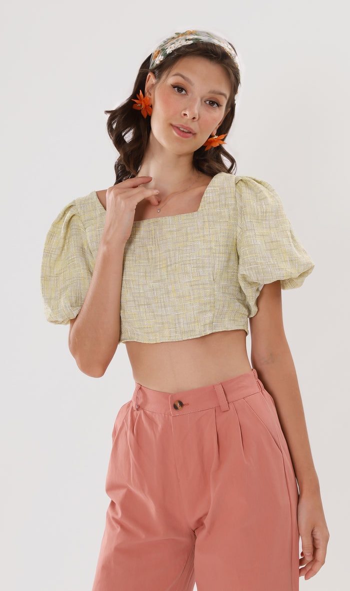 SASHA Tweed Puff-Sleeve Crop Top (Yellow)