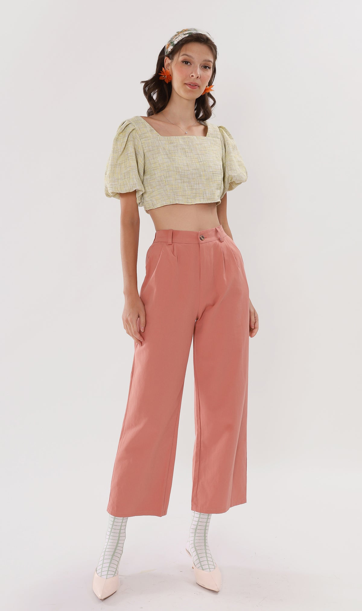 SASHA Tweed Puff-Sleeve Crop Top (Yellow)