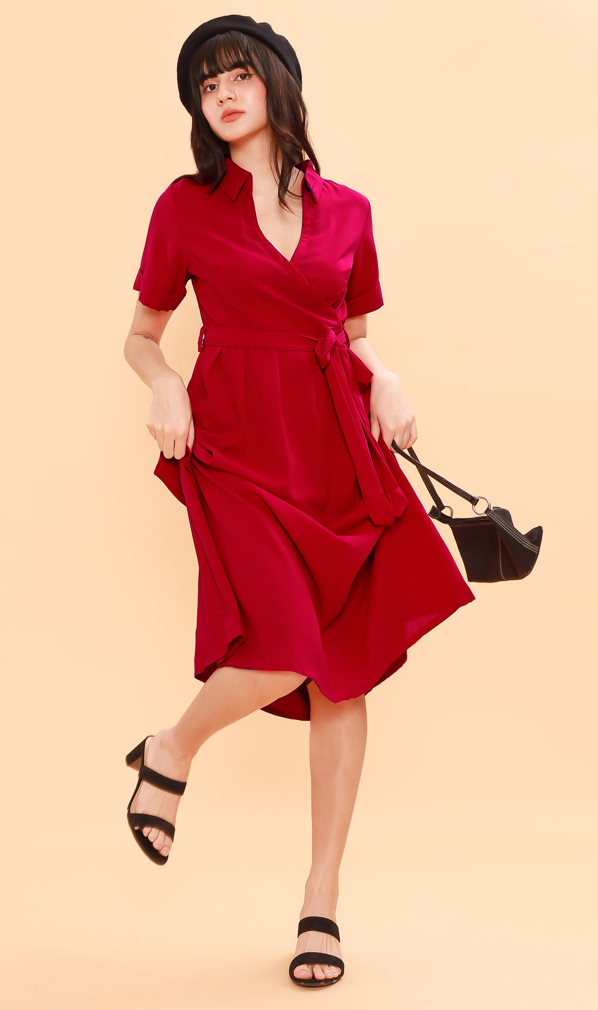 BEATRIX Collared Surplice Dress (Scarlet)