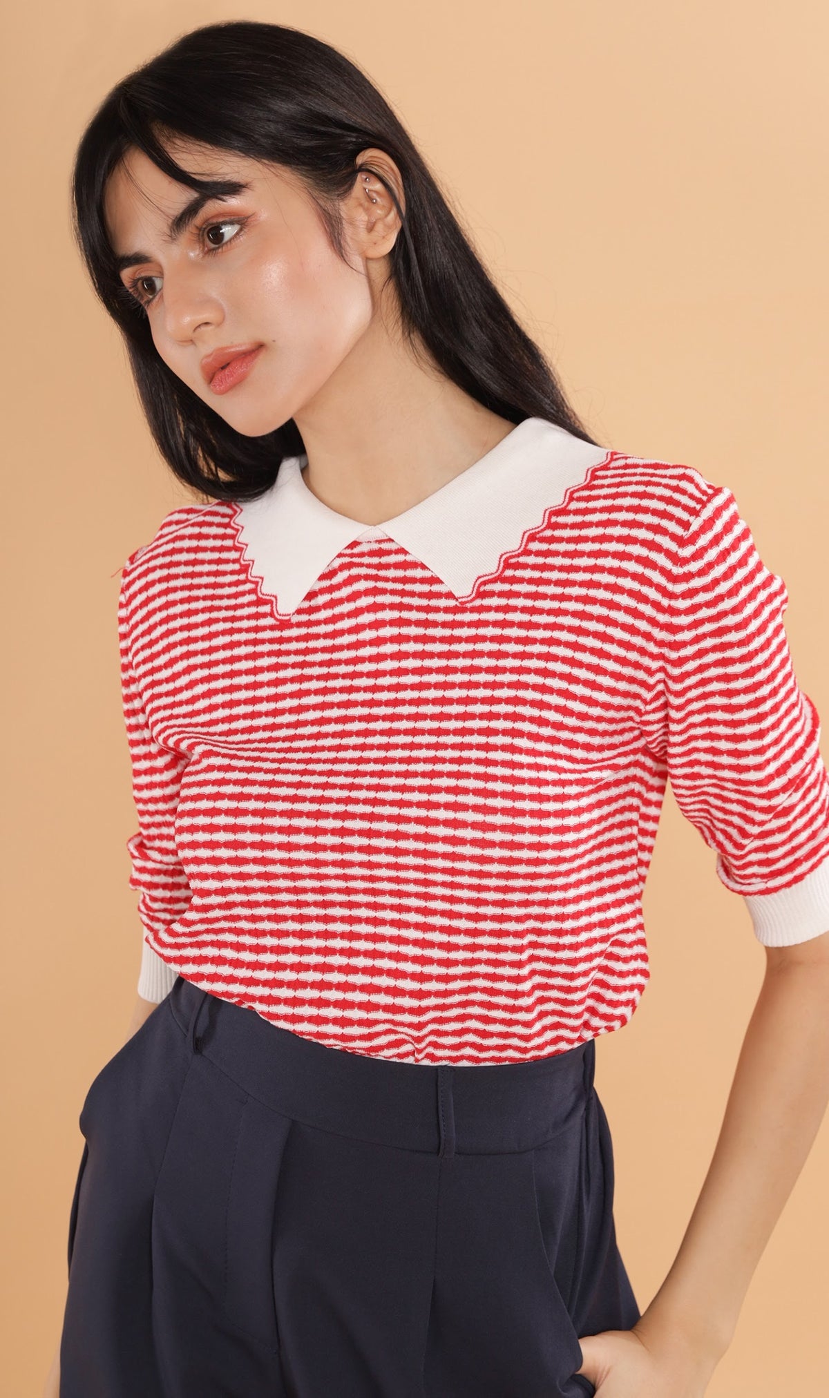 STEFANI Collared Knit Top (Red)