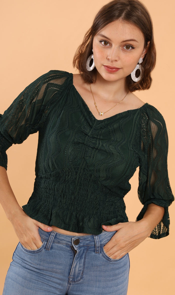 ADALEE 2-way Smocked Lace Top (Emerald)