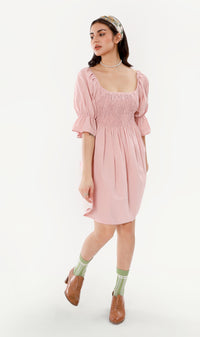 REYA Smocked Puff-Sleeve Linen Dress (Blush)