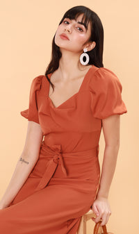 DAPH Puff-Sleeve Midi Dress (Rust)