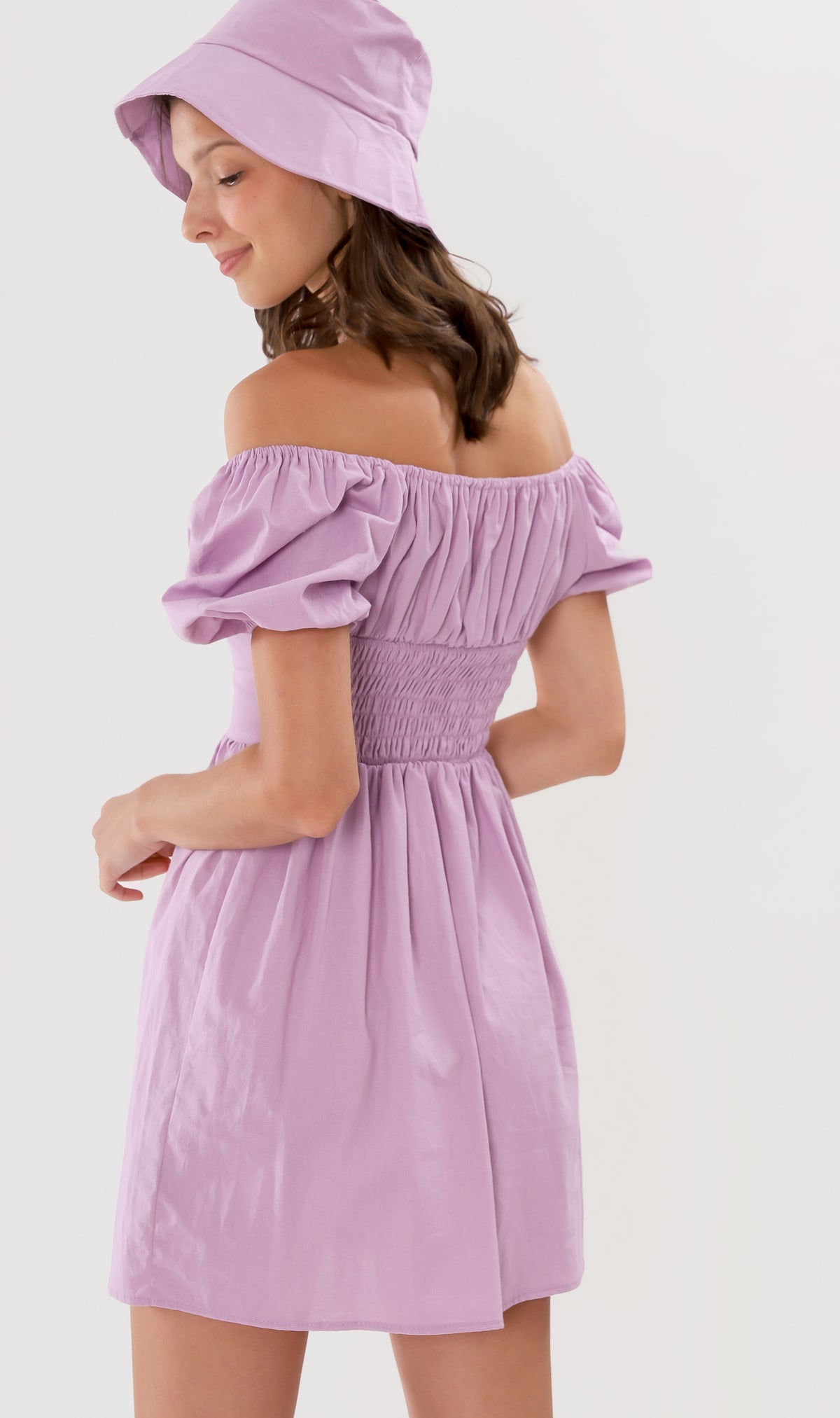 QUINCY Ruched Puff-Sleeve Dress w/ Hat (Lilac)