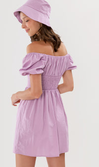 QUINCY Ruched Puff-Sleeve Dress w/ Hat (Lilac)