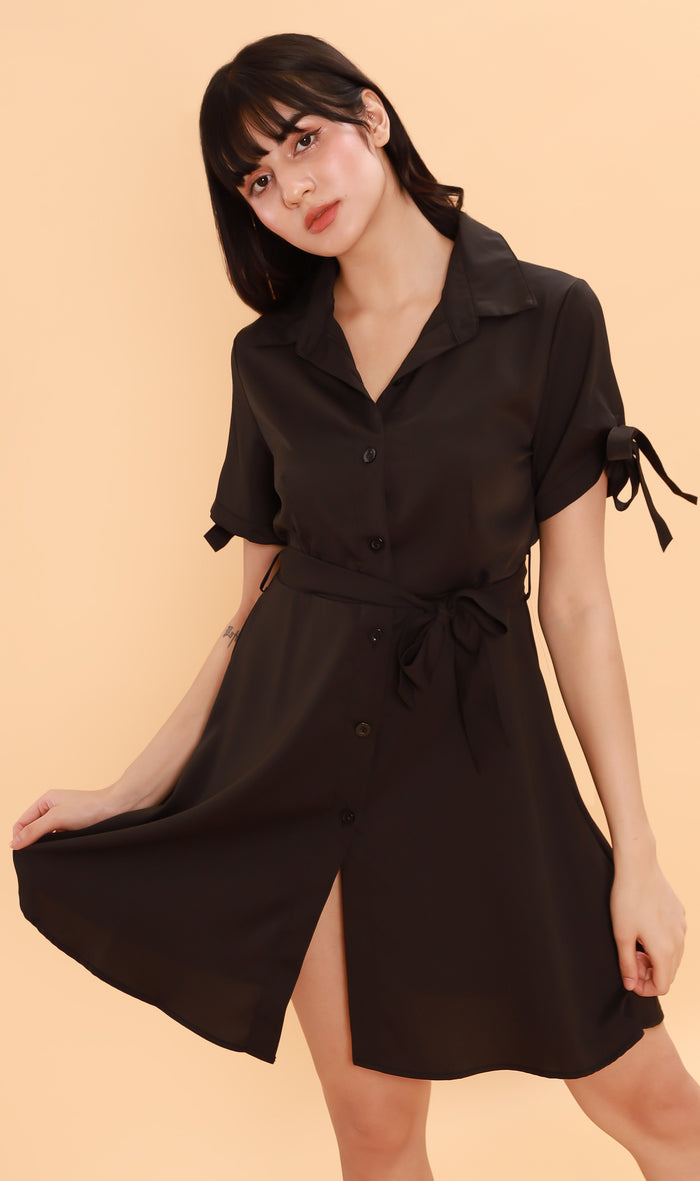 PEYTON Belted Button-Down Dress (Black)
