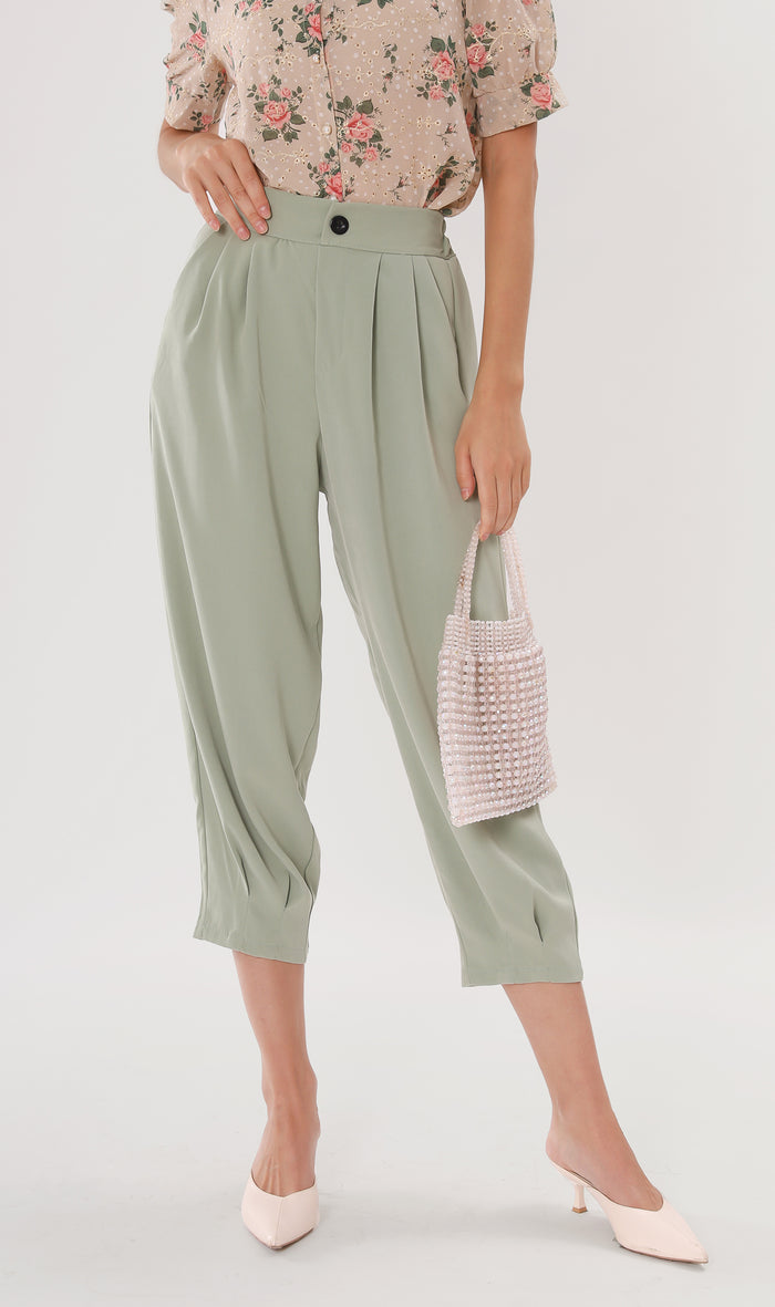EZRA High-Waisted Pleated Tailored Trousers (Sage)
