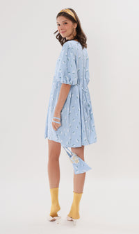 YANA Floral-Print Puff-Sleeve Babydoll Dress w/ Bag (Powder Blue)