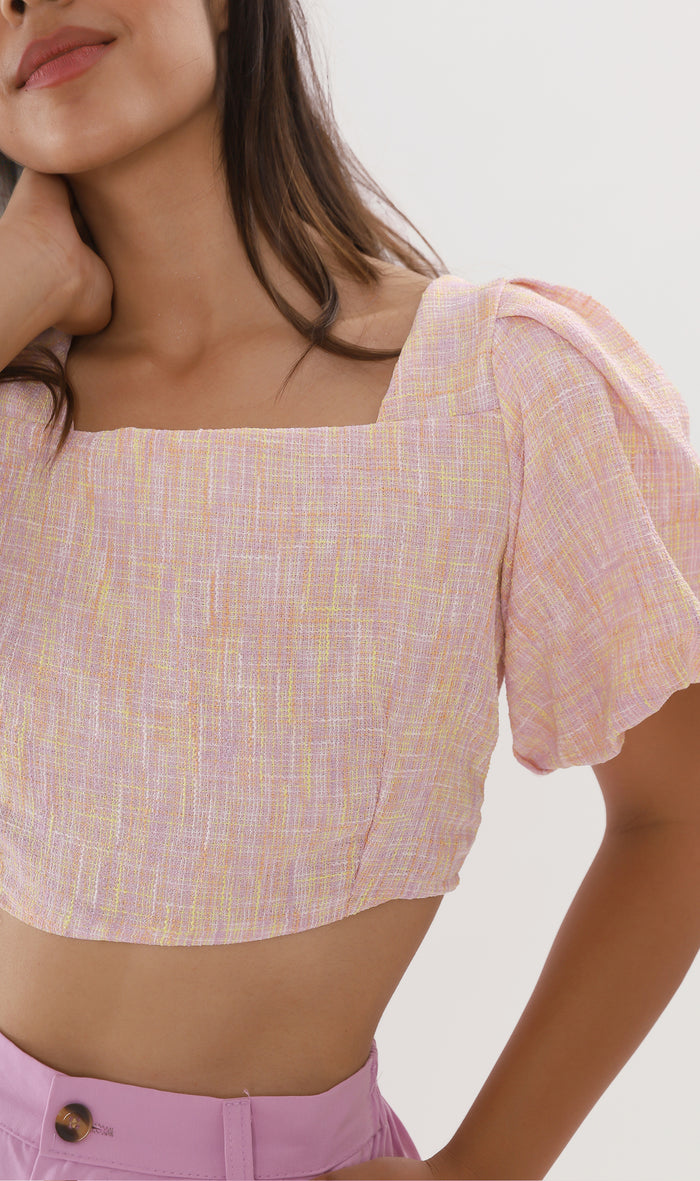 SASHA Tweed Puff-Sleeve Crop Top (Peach)