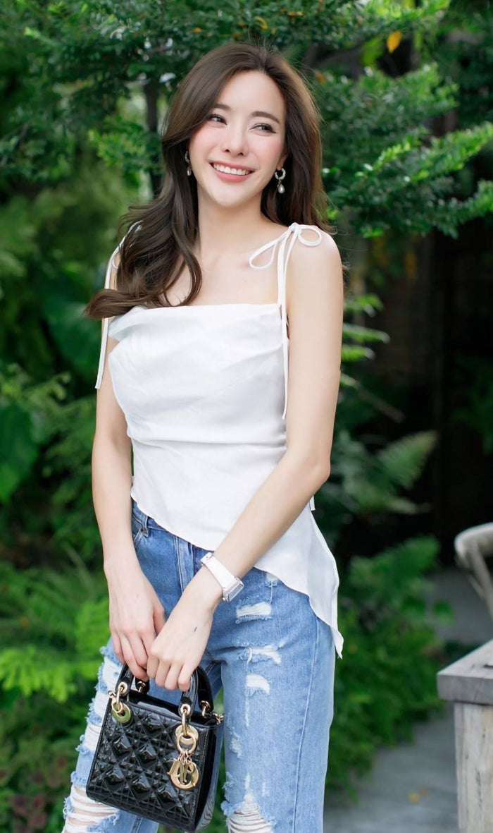 NADINE Ruched Tie-Strap Top (Pearl White)