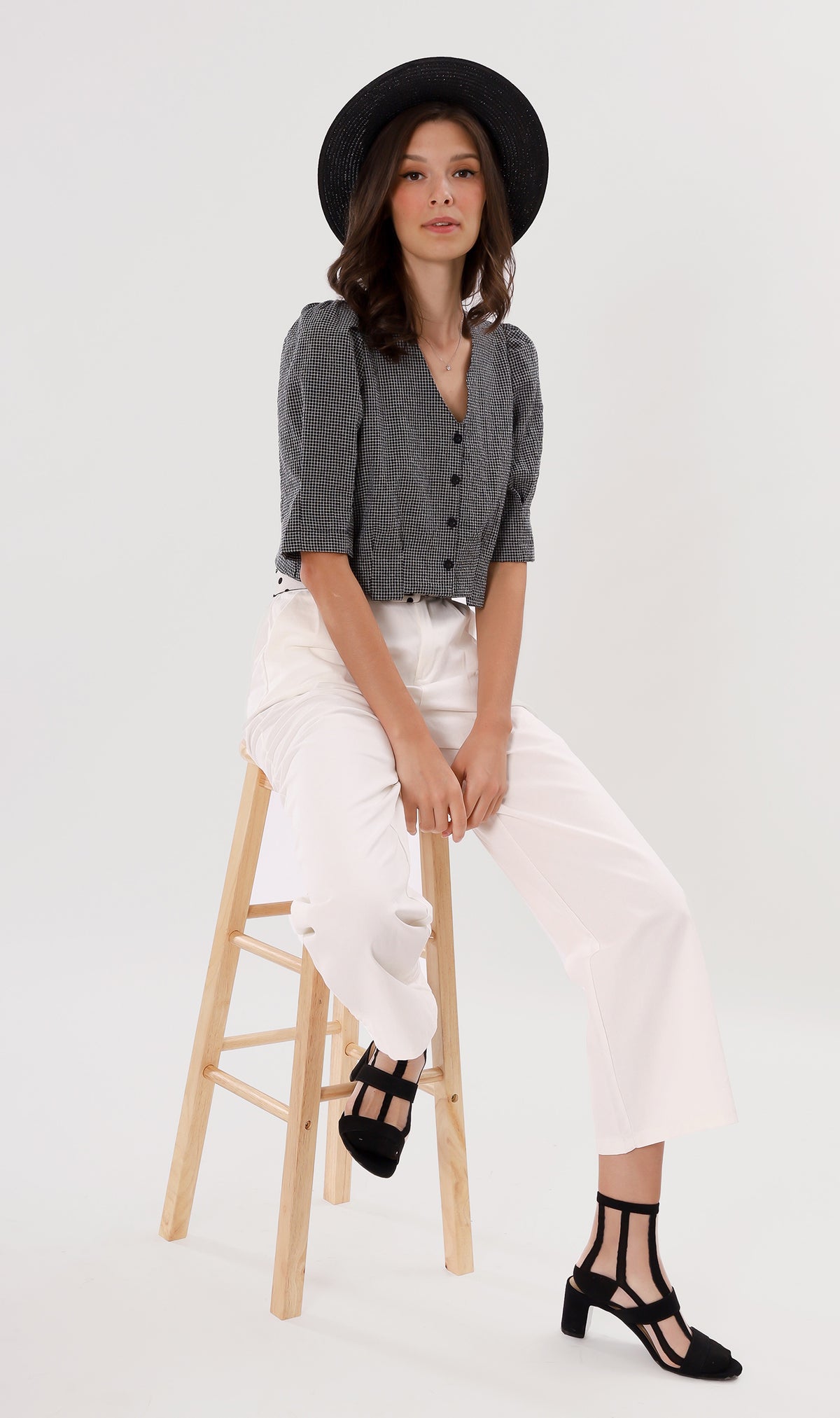 KATYA Buttoned Puff-Sleeve Grid Top (Black)