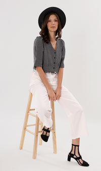 KATYA Buttoned Puff-Sleeve Grid Top (Black)