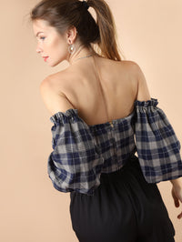 REESE Plaid Off-Shoulder Crop Top (Navy)