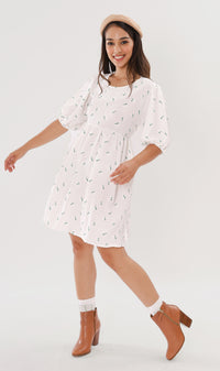 YANA Floral-Print Puff-Sleeve Babydoll Dress w/ Bag (White)
