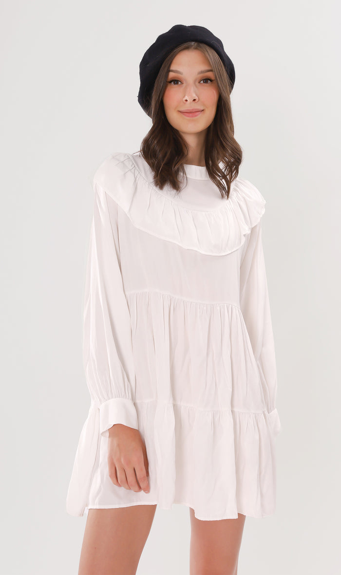 IMOGEN Bib-Collar Long-Sleeve Tiered Dress (White)