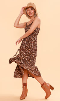 CRESSIDA Floral Lace-Up Midi Dress (Chocolate)