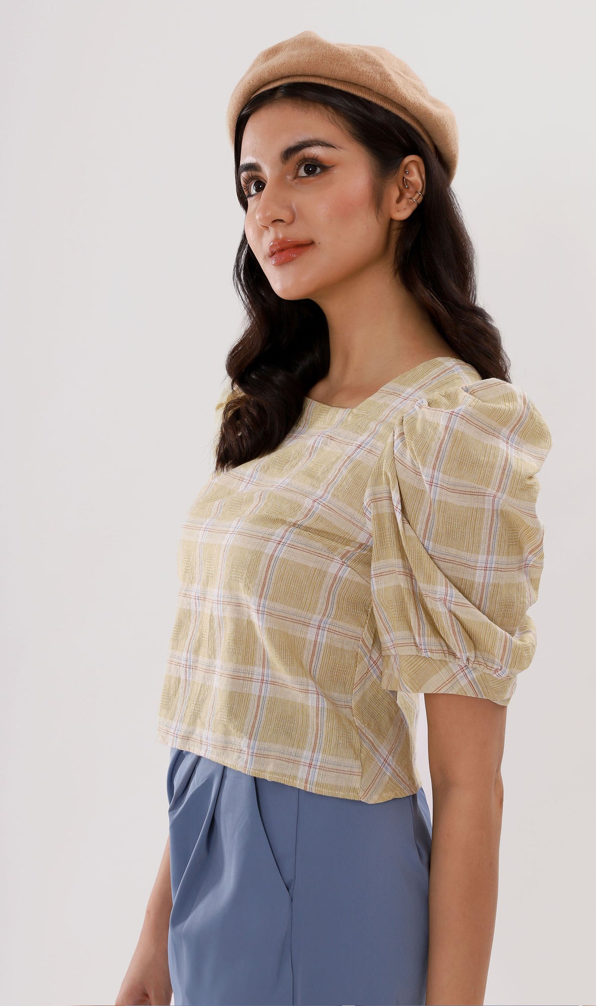 MARLA Plaid Puff-Sleeve 2-way Top (Yellow)