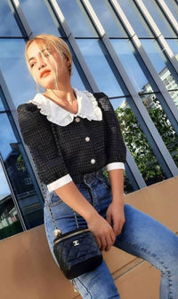 FAY Prairie-Collar Tweed Blazer Top(Black)