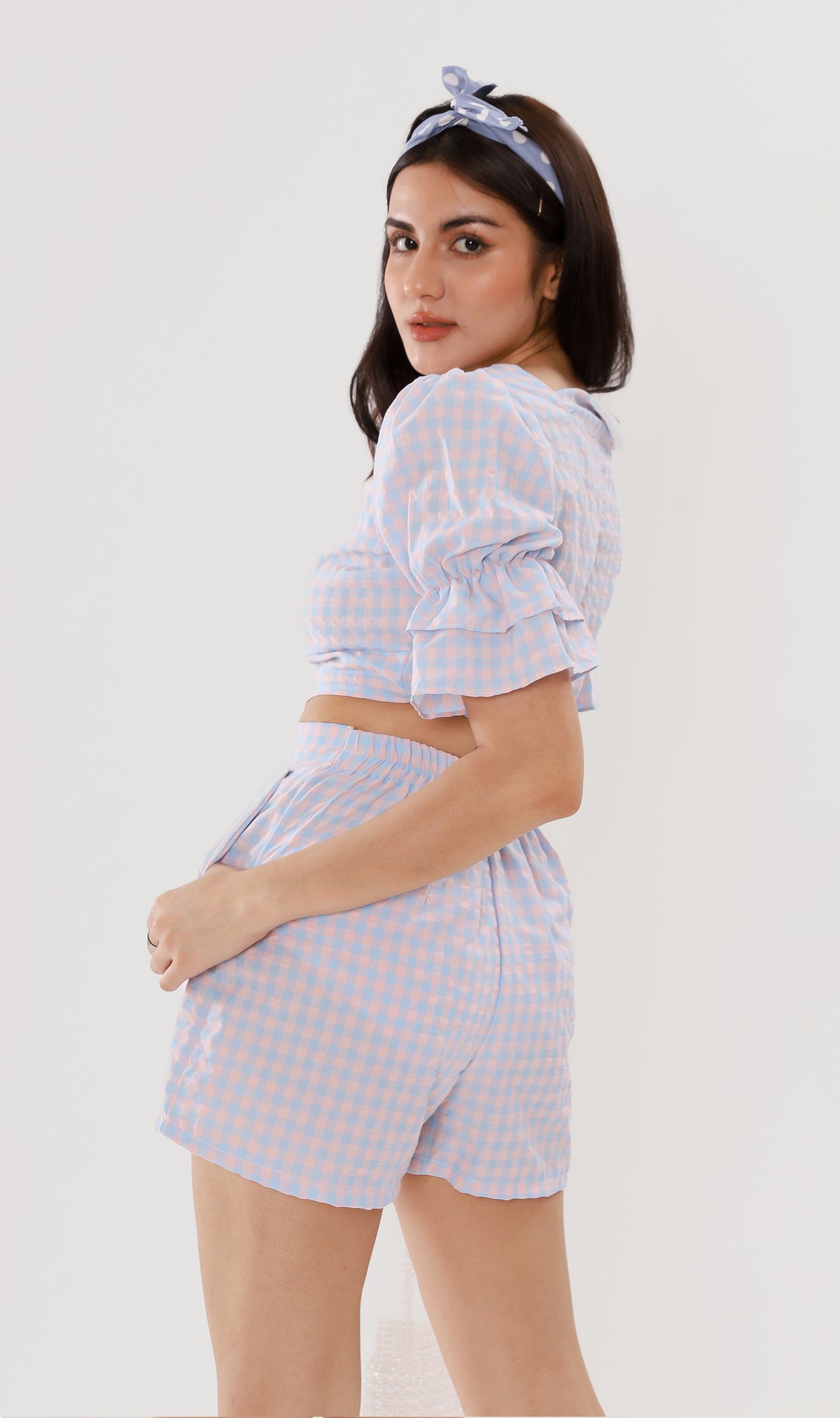 ZENNI Cropped Plaid Co-ord (Pastel Blue)