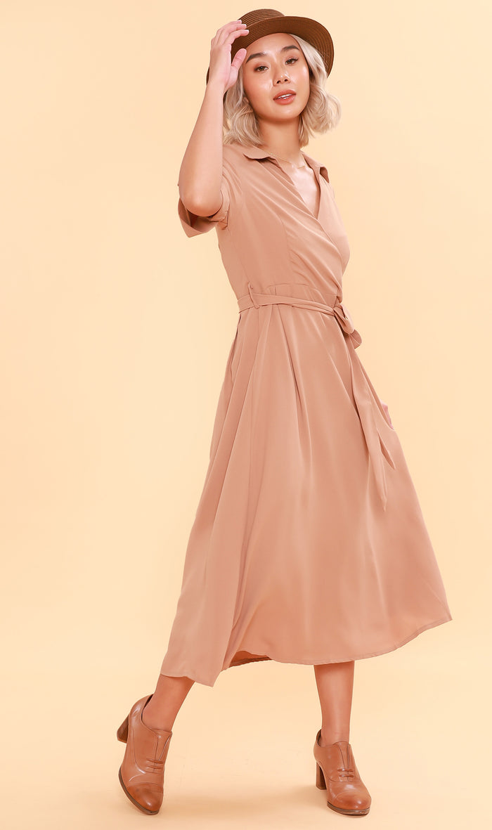 BEATRIX Collared Surplice Dress (Nude)